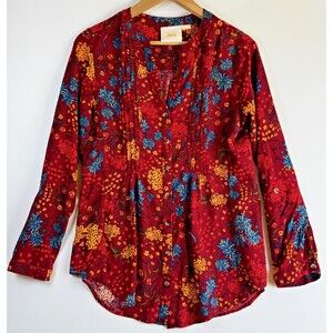 Maeve by Anthropologie Blouse Women's Medium Red Floral Button Front Long Sleeve